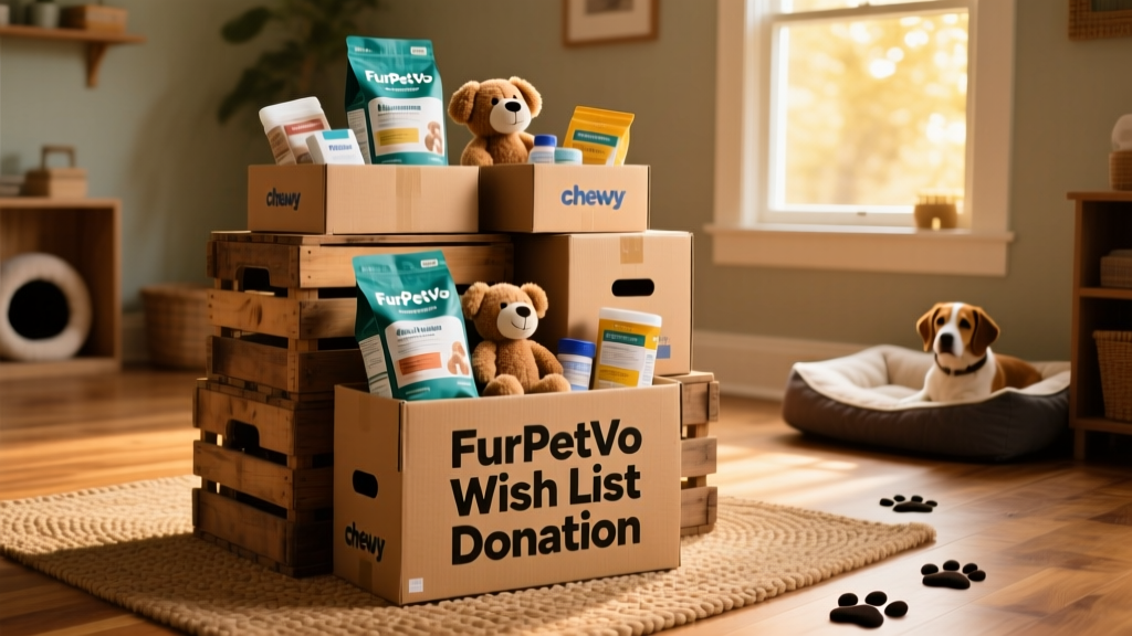 Stacked boxes of pet food, toys, and supplies labeled 'FurPetVo Wish List Donation'