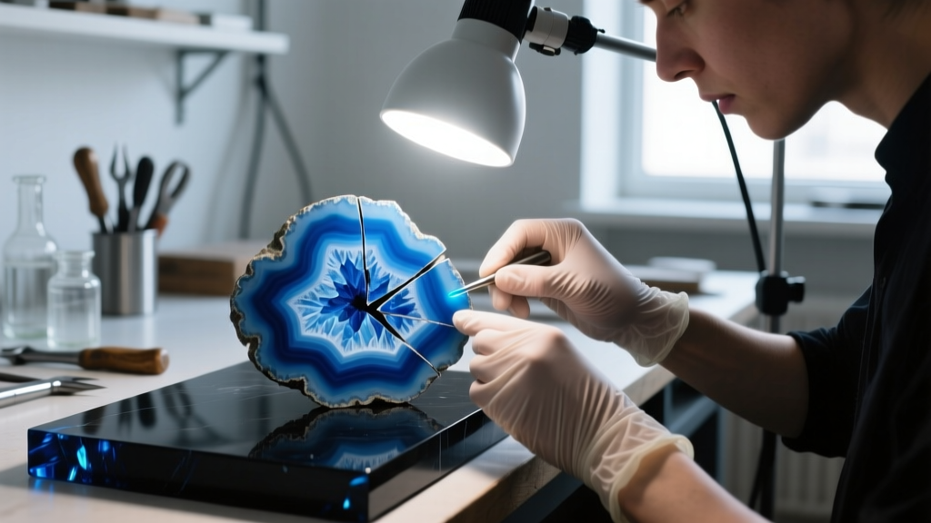 Jeweler applying UV-curing optical resin to a fractured blue agate geode slice under a bright magnifying lamp in a workshop.