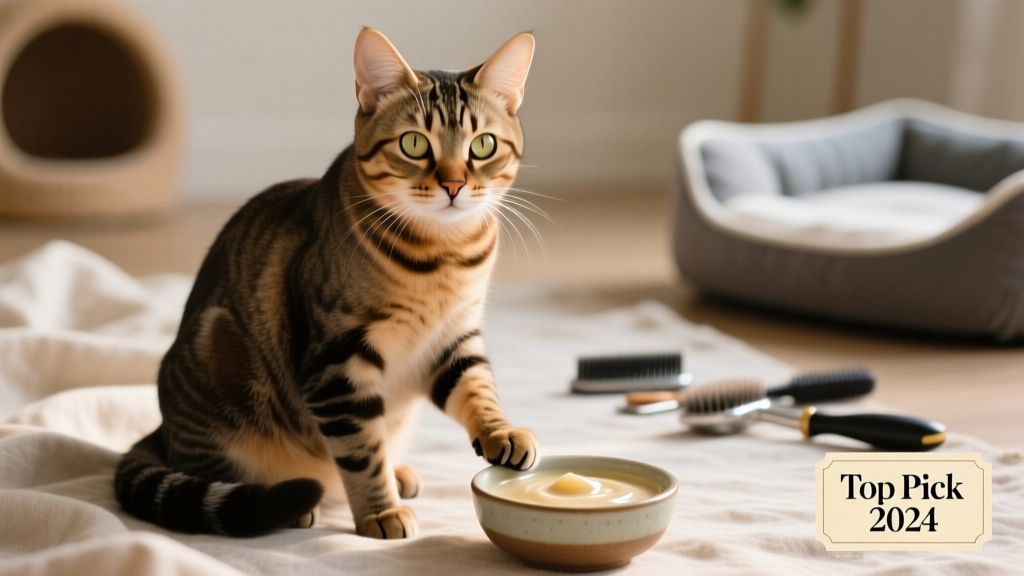 Close-up of a healthy, well-groomed adult cat sitting beside a small bowl of creamy supplement gel