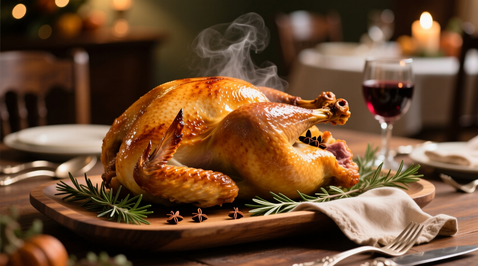 Perfectly roasted golden turkey on serving platter