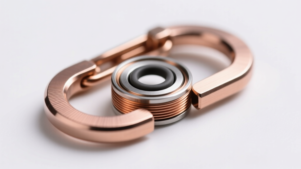 Macro shot of a disassembled neodymium magnetic clasp showing its copper-nickel plating layers and a small internal rubber O-ring.