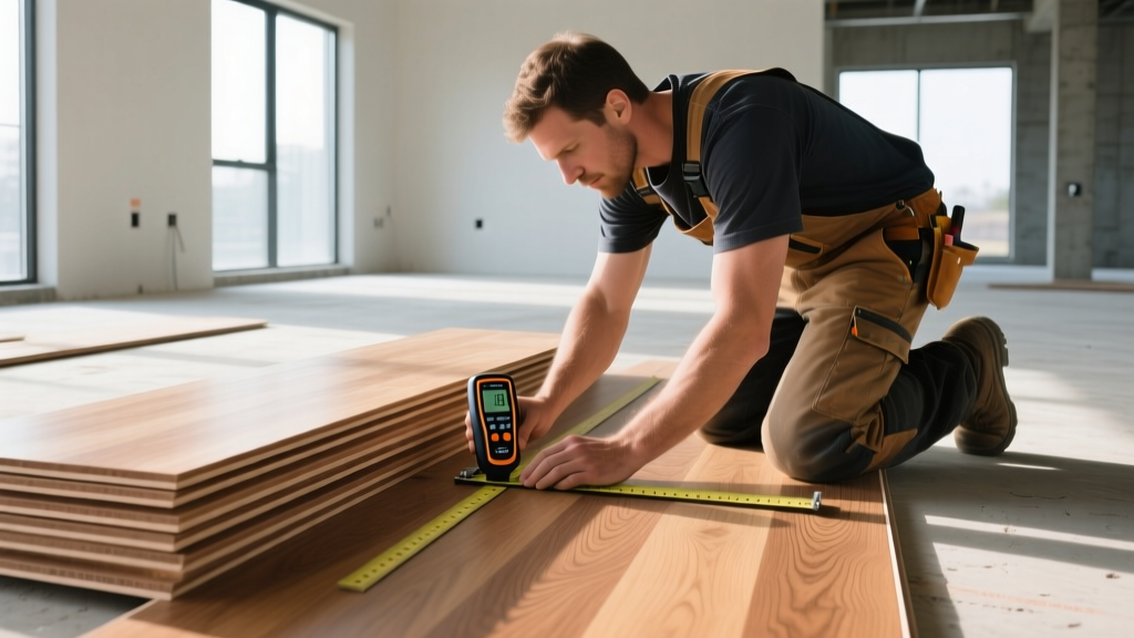 Carpenter measuring moisture content on stacked oak hardwood flooring boards next to plywood subfloor panels in a bright construction site
