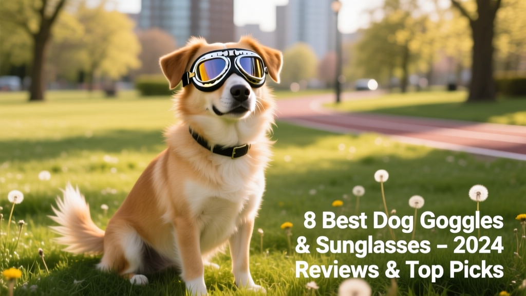 A happy medium-sized dog wearing stylish, well-fitted dog goggles while sitting outdoors on a sunny day