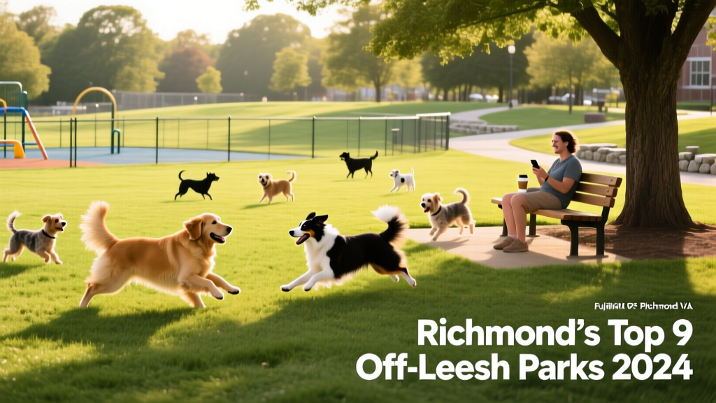 A sunny, grassy off-leash dog park with fenced play areas, benches, and shaded spots for owners