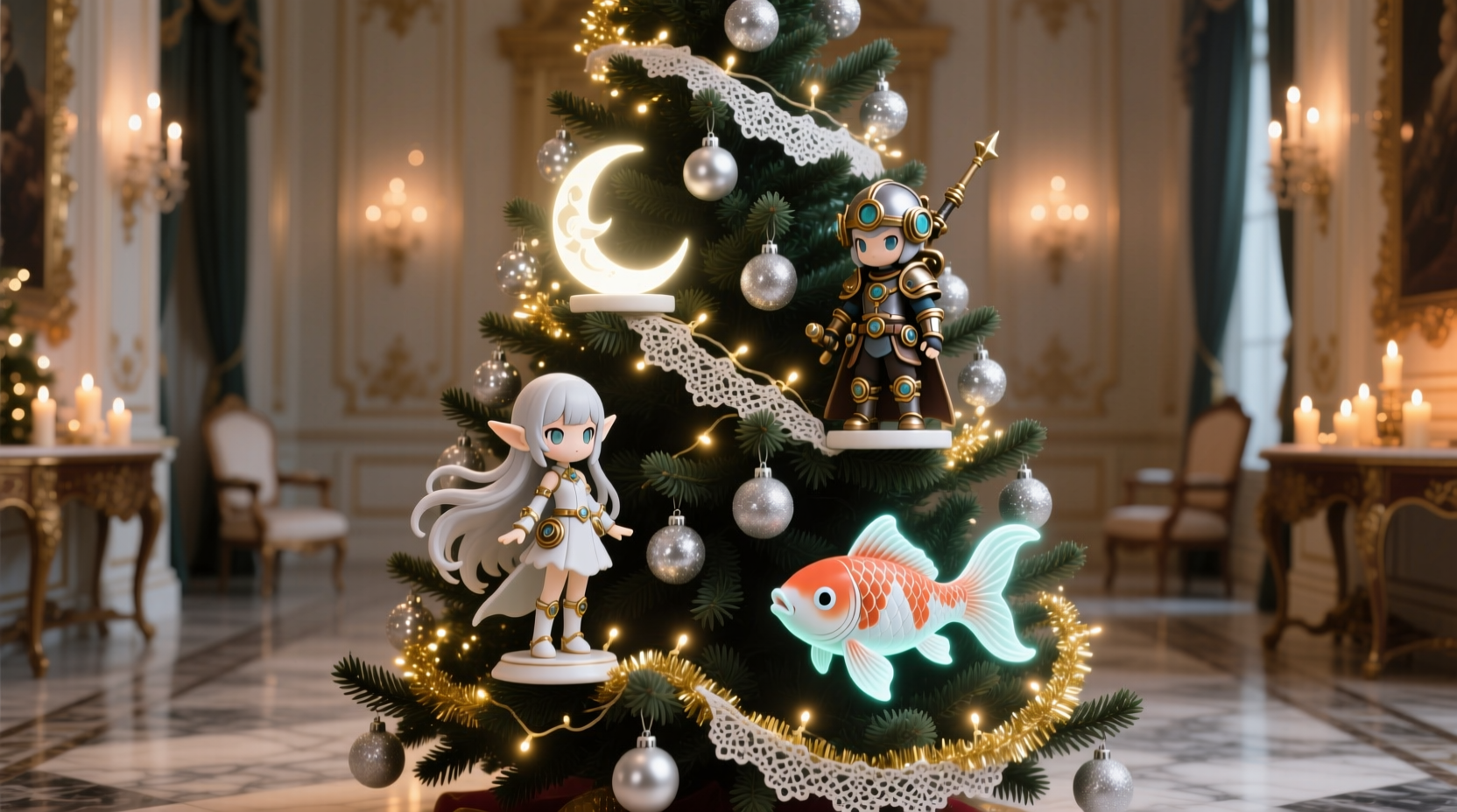 how to integrate anime figurines into a formal christmas tree theme