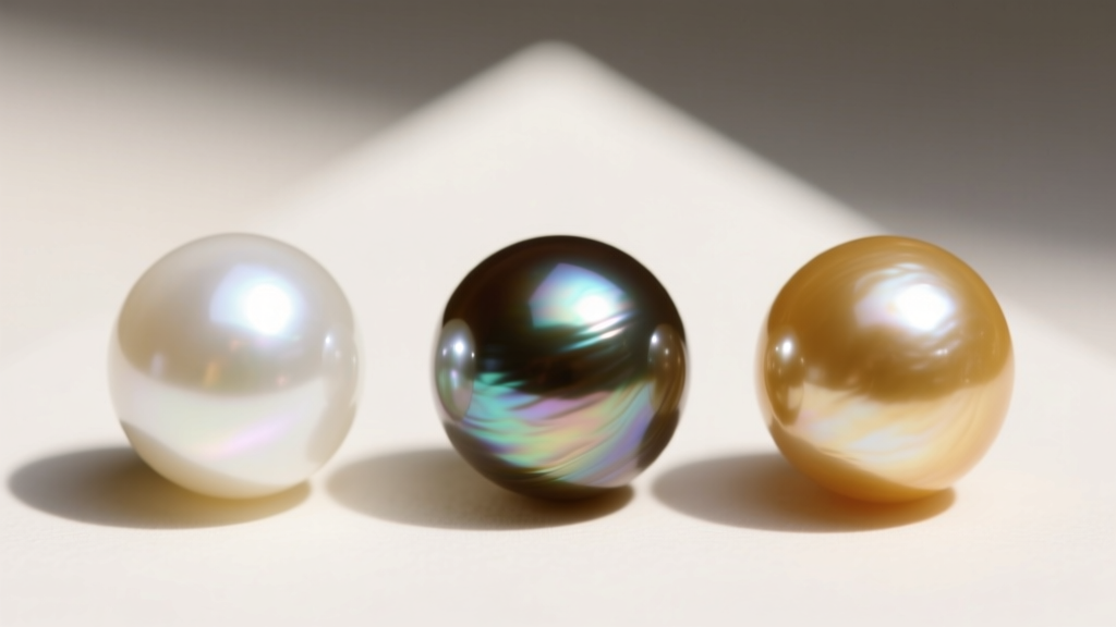 Macro shot comparing a white Akoya, peacock Tahitian, and golden South Sea cultured pearl to highlight distinct nacre textures.
