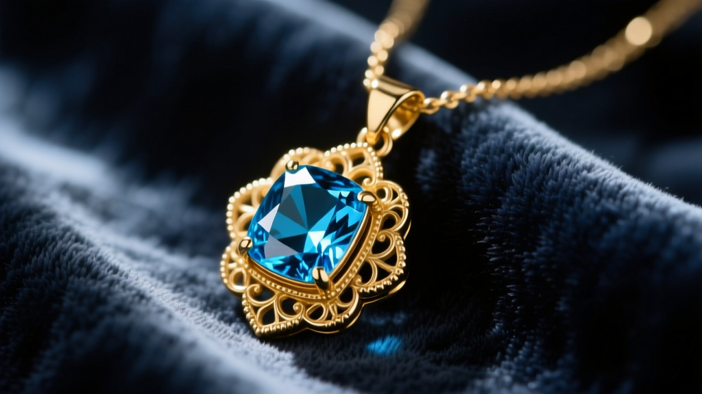Macro shot of a vintage 14k gold necklace with an emerald-cut London blue topaz pendant resting on dark slate velvet fabric.