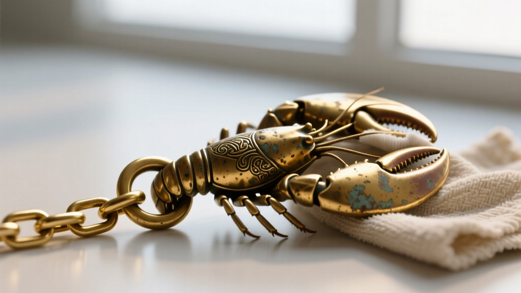 Detailed view of a tarnished brass lobster clasp on a delicate gold-plated chain being gently wiped with a dry microfiber cloth