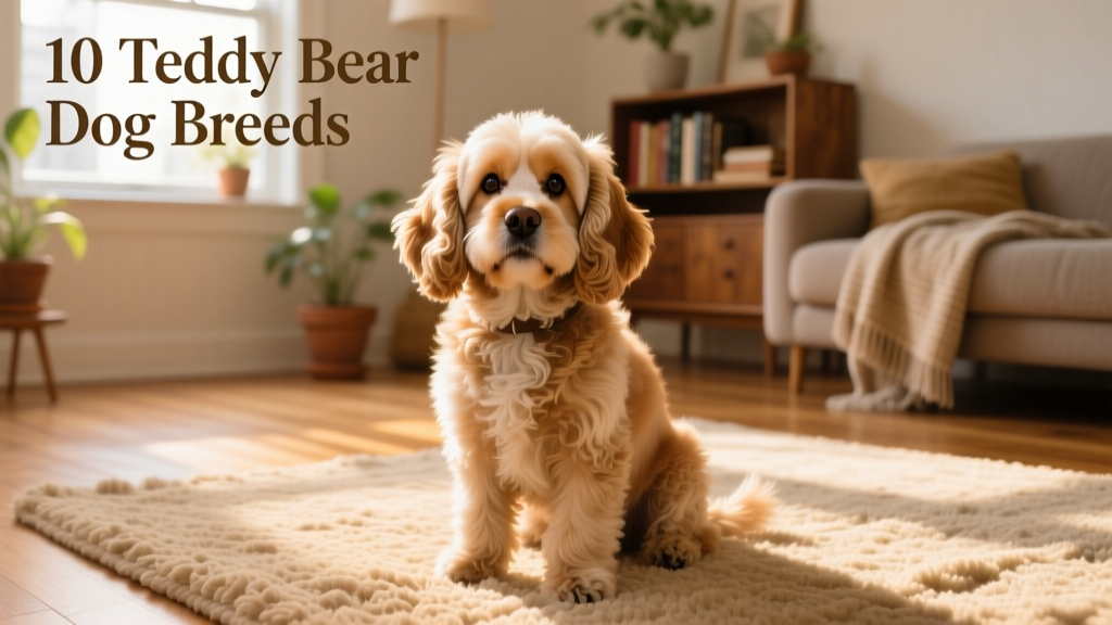 A smiling Cockapoo sitting on a cozy rug, showing its fluffy coat and expressive eyes