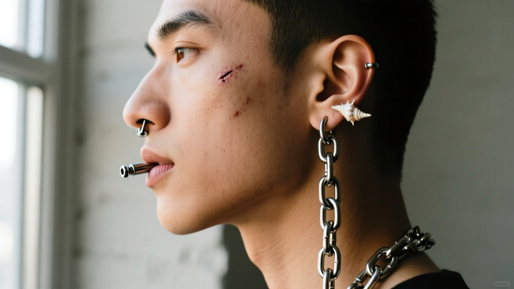 Side profile showing a threadless 14-gauge titanium labret post anchoring a heavy curb chain to a healed conch cartilage piercing