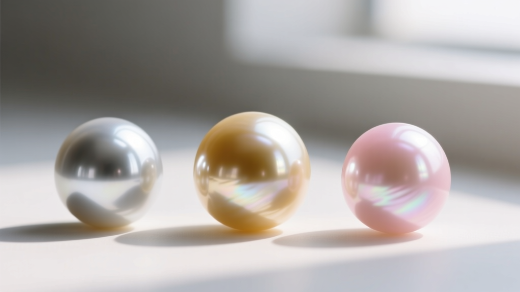 Macro photo of three pearls: an 8mm Akoya, a 12mm South Sea, and an 8mm Freshwater, showing unique luster and overtone qualities.