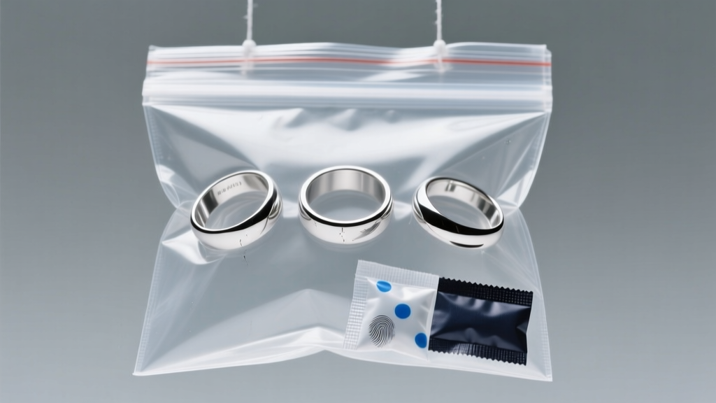 Close-up of silver rings in a sealed clear ziplock bag with a small silica gel packet and dark anti-tarnish strip inside