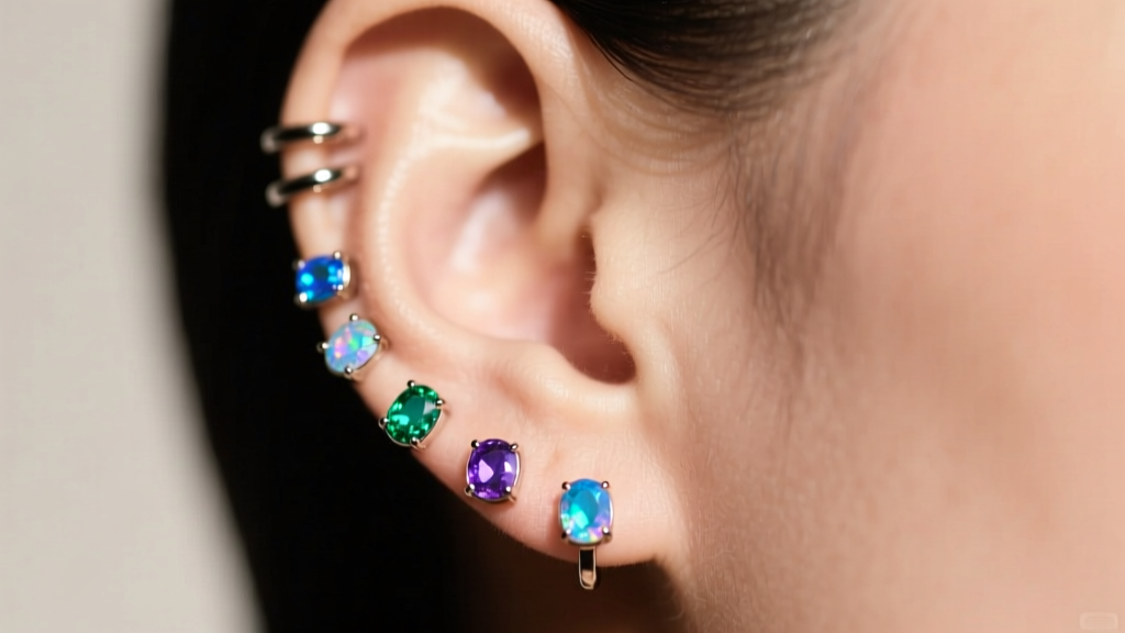 Macro shot of a curated ear with 16-gauge titanium flat back earrings, opal gems, soft lighting highlighting metal and skin