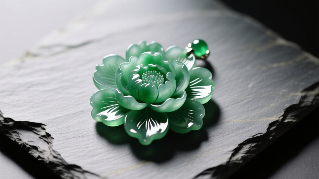 Carved jadeite peony pendant on slate, showing deep floral relief and translucent green hues under warm studio lighting.
