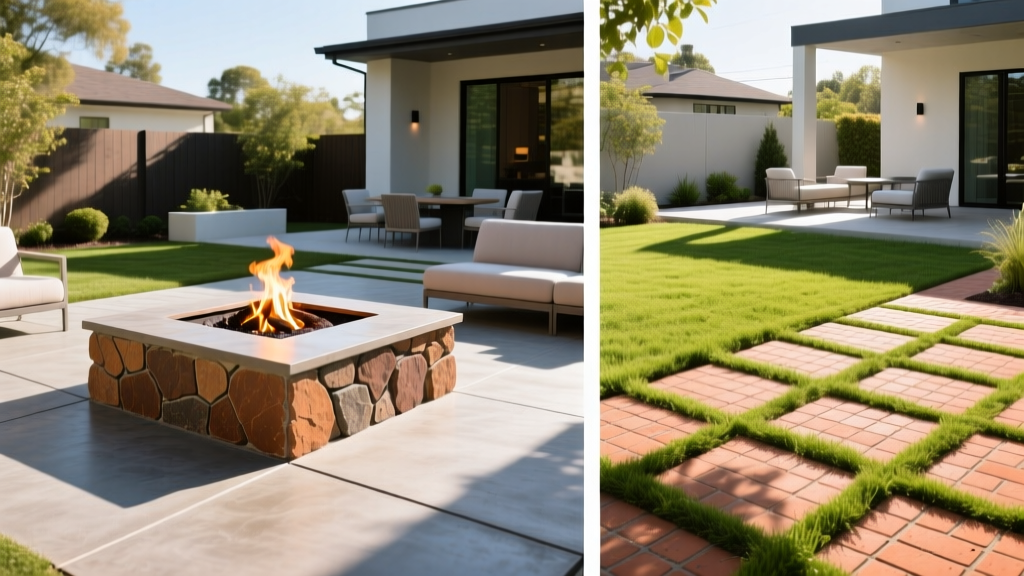 Split view comparing a stamped concrete patio with a fire pit and a clay brick paver patio with lush grass joints in a sunny backyard