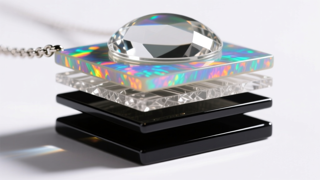 Cross-section diagram style photo showing the layers of an opal triplet necklace with a clear quartz dome and dark glass backing.