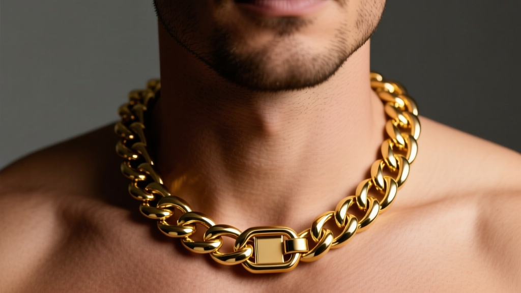 Close-up of a man wearing an 18-inch 14k yellow gold Cuban link chain, warm studio lighting, sharp focus on the clasp and links.