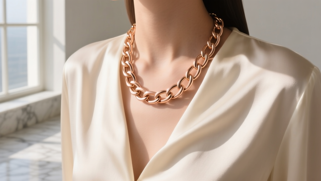 14k rose gold interlocking ring chain necklace on a cream silk blouse, natural sunlight catching the textured metal links.