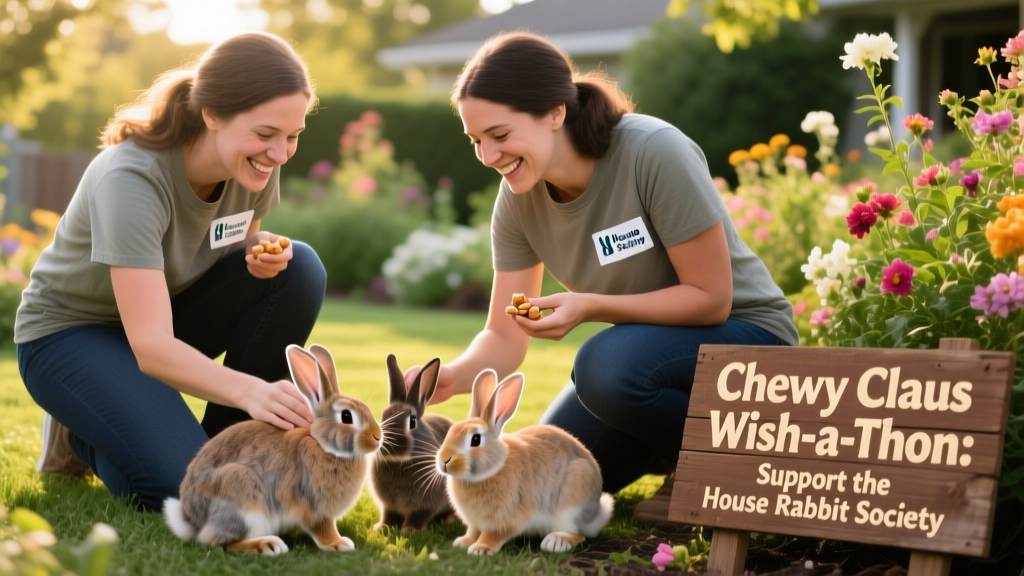 Volunteers from the House Rabbit Society interacting warmly with rabbits during a community outreach event