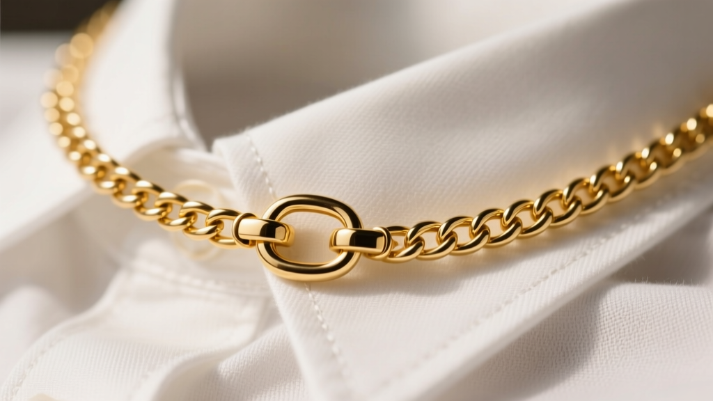 Close-up macro shot of a 2.5mm 14k gold-filled box chain with a secure lobster clasp resting on a crisp cotton shirt collar.