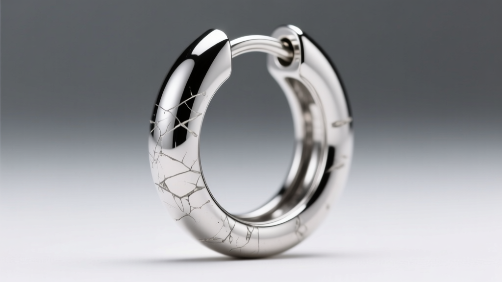 Macro shot of a silver huggie earring showing micro-scratches and fading rhodium plating near the clasp under bright studio lighting