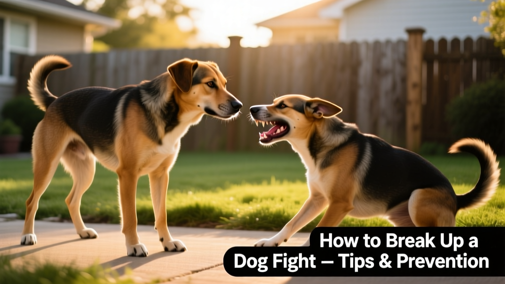 Two dogs showing tense body language—one stiff-legged and staring, the other with flattened ears and lip curling—captured mid-escalation