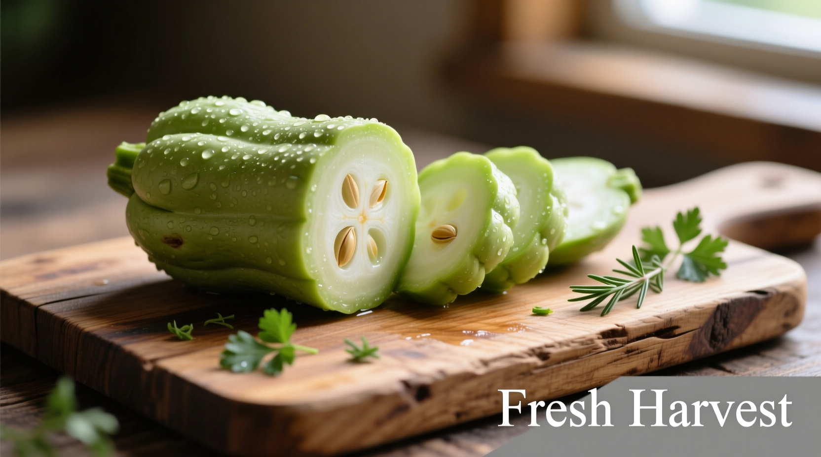 Fresh chayote squash on wooden cutting board