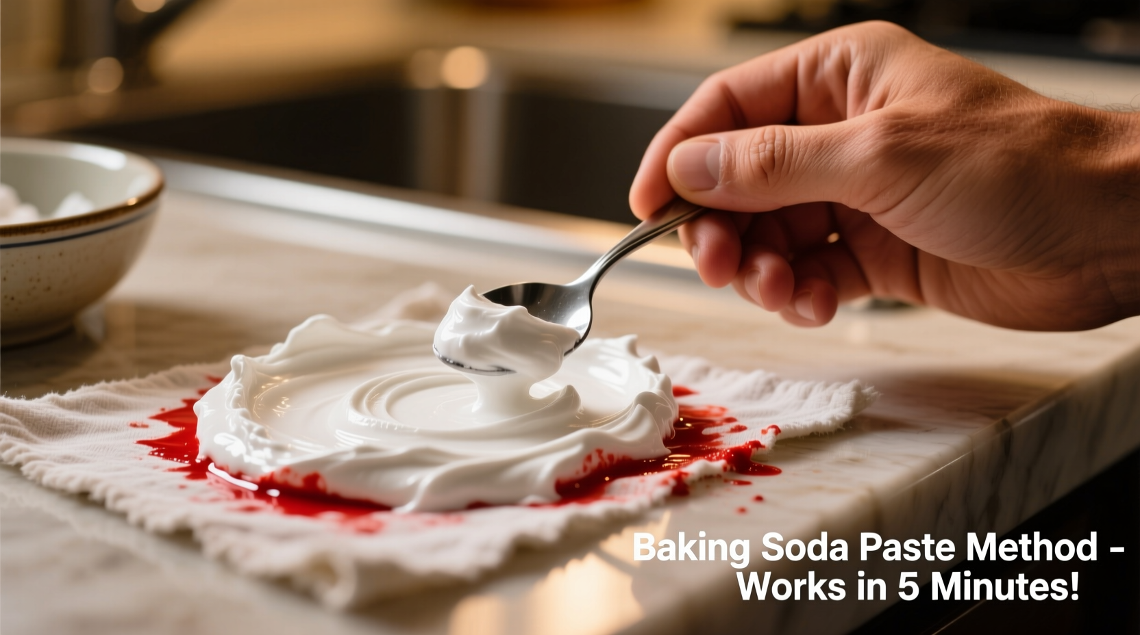 Hand demonstrating food coloring removal technique with baking soda paste
