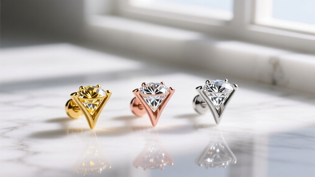 Diamond studs in 14k yellow gold, 18k rose gold, and platinum martini settings, brightly lit on a pure white surface.