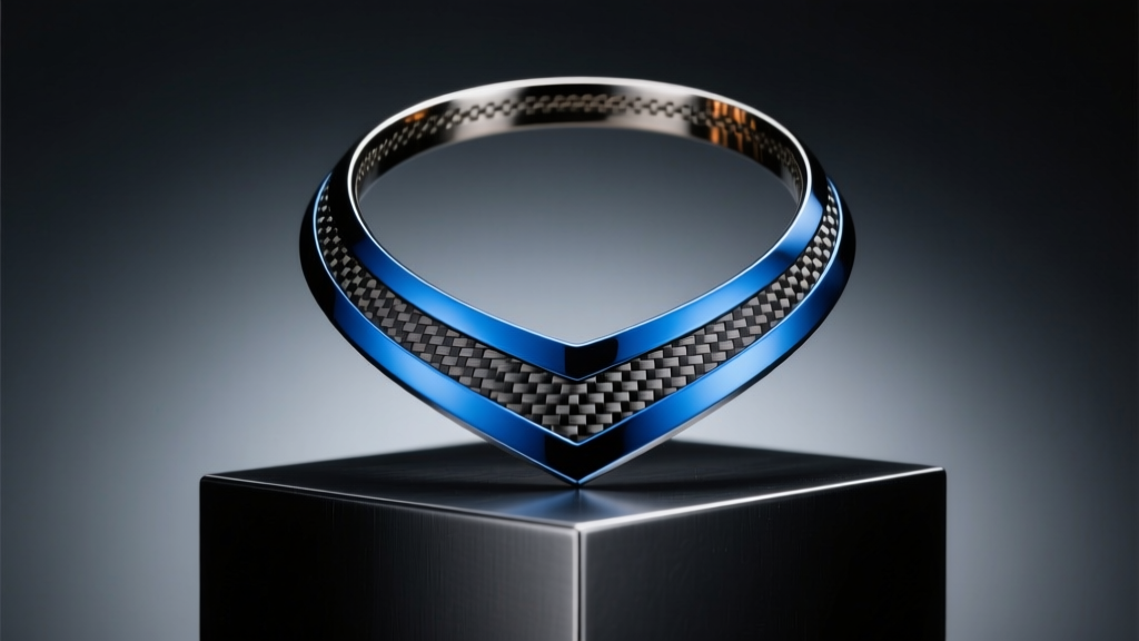Blue anodized titanium necklace with carbon fiber inlays on a black steel pedestal, lit by moody and dim studio lighting setup.
