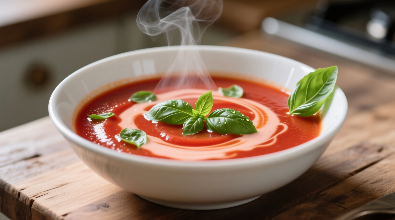 Creamy tomato soup in white bowl with fresh basil