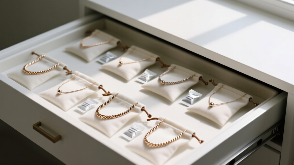 Jewelry drawer showing individual anti-tarnish microfiber pouches holding cable chain necklaces beside small silica gel packets.