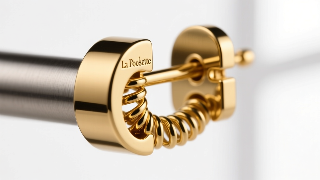 Macro shot of an 18k gold La Pousette earring back on a thick post, highlighting the precision spring-loaded metal security grips.