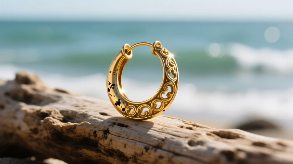 Close-up of a weathered 18th-century gold hoop earring resting on driftwood with blurred ocean waves in the background.