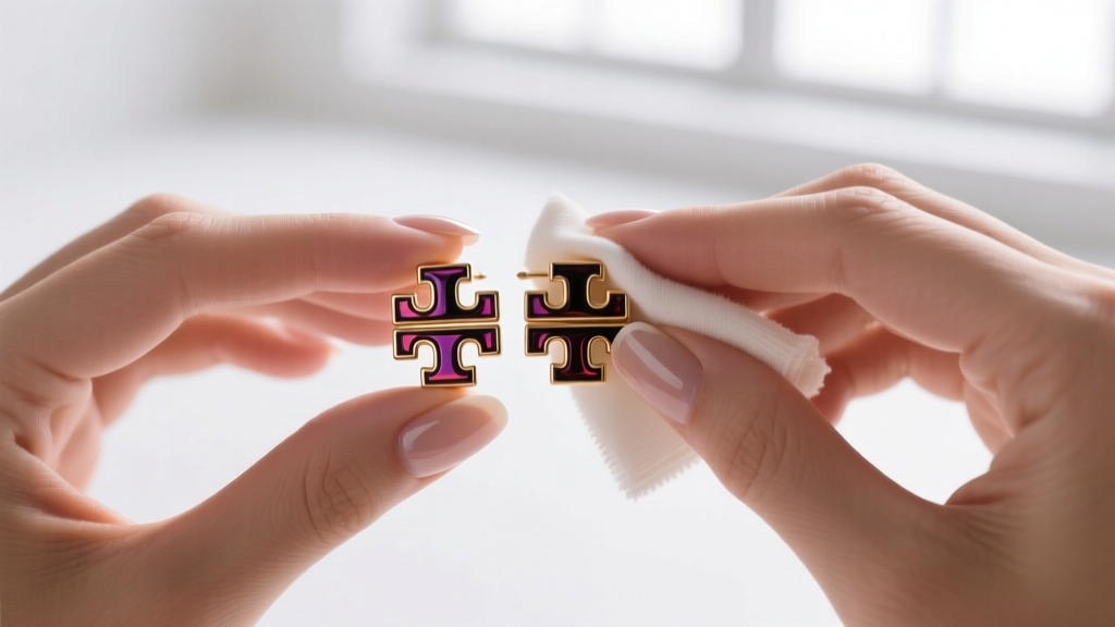 Hands using a soft microfiber cloth and mild soapy water to gently clean the epoxy enamel surface of a Tory Burch double-T earring