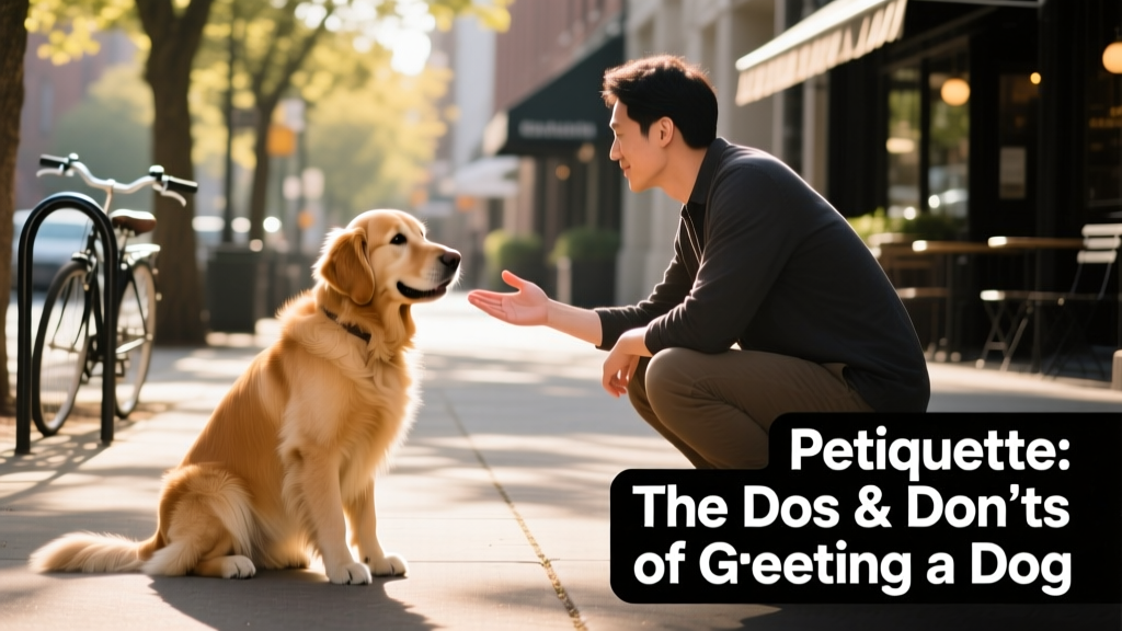 A calm, friendly dog sitting beside its owner on a sidewalk, with a person approaching slowly from the side
