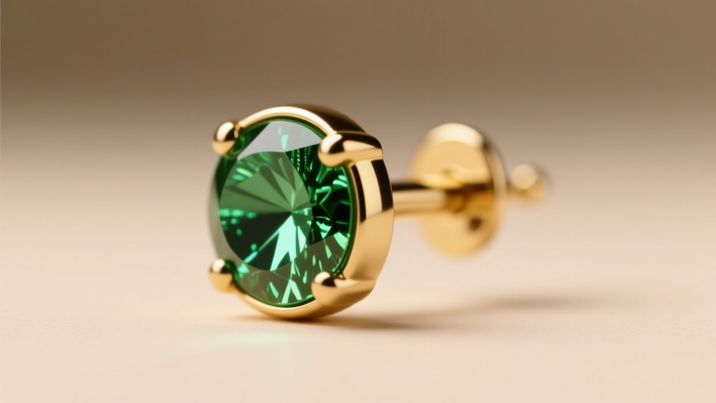 Macro view of an 18-gauge green gold earring post, displaying its subtle greenish tint against a softly blurred, neutral studio backdrop.