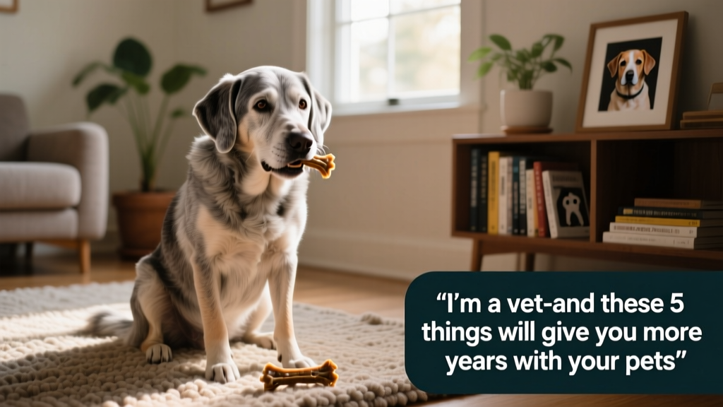 A senior dog gently chewing a dental chew treat while sitting on a rug indoors