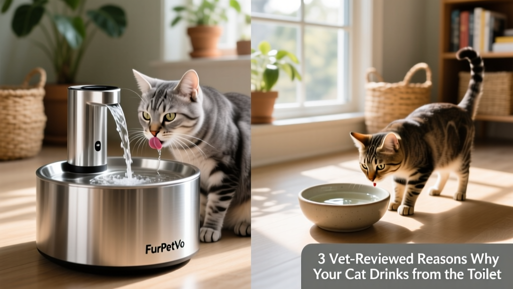 Side-by-side comparison: a cat drinking from a sleek FurPetVo water fountain versus a traditional bowl