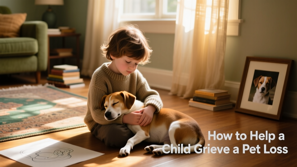 A child gently holding a sleeping dog on a sunlit living room floor