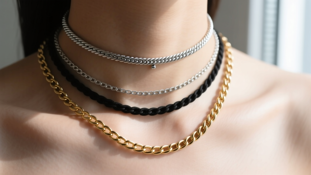 Macro shot of layered necklaces with a 14-inch choker, 16-inch rope chain, and 20-inch figaro chain resting on a bare collarbone