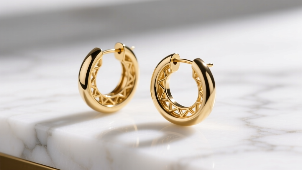 Close-up of 14k gold circle in circle earrings on marble, featuring a thick outer hoop and delicate inner concentric ring design.