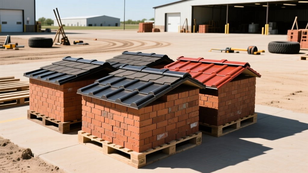 Pallets of freeze-thaw rated clay bricks and Class 4 impact-resistant roofing shingles staged at a Midwest supply yard for Salem IL projects