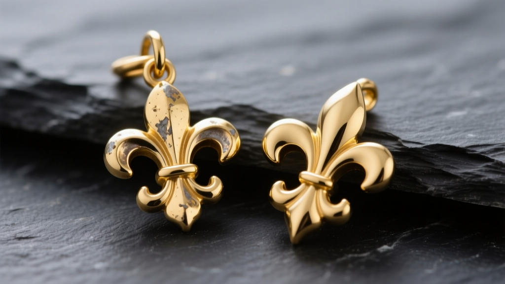 Worn gold vermeil fleur de lis charm revealing base metal on the raised petal, beside a pristine 14k gold piece on dark slate