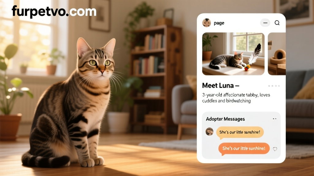 A well-lit, clean cat profile page on furpetvo.com showing photos, bio, and adopter messages