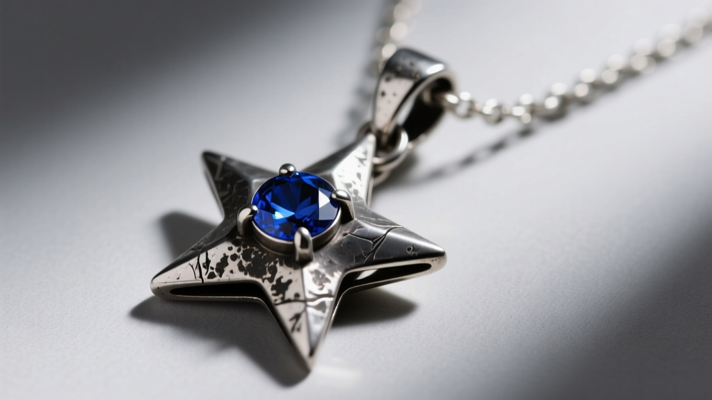 Macro shot of an oxidized sterling silver star necklace with a bezel-set sapphire center, showing dark metal texture and clasp.