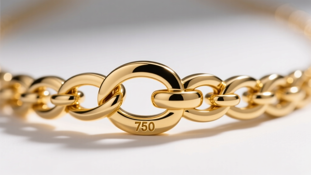 Macro shot of an 18k yellow gold designer necklace clasp, revealing precise laser-welded links and a clearly stamped 750 hallmark.