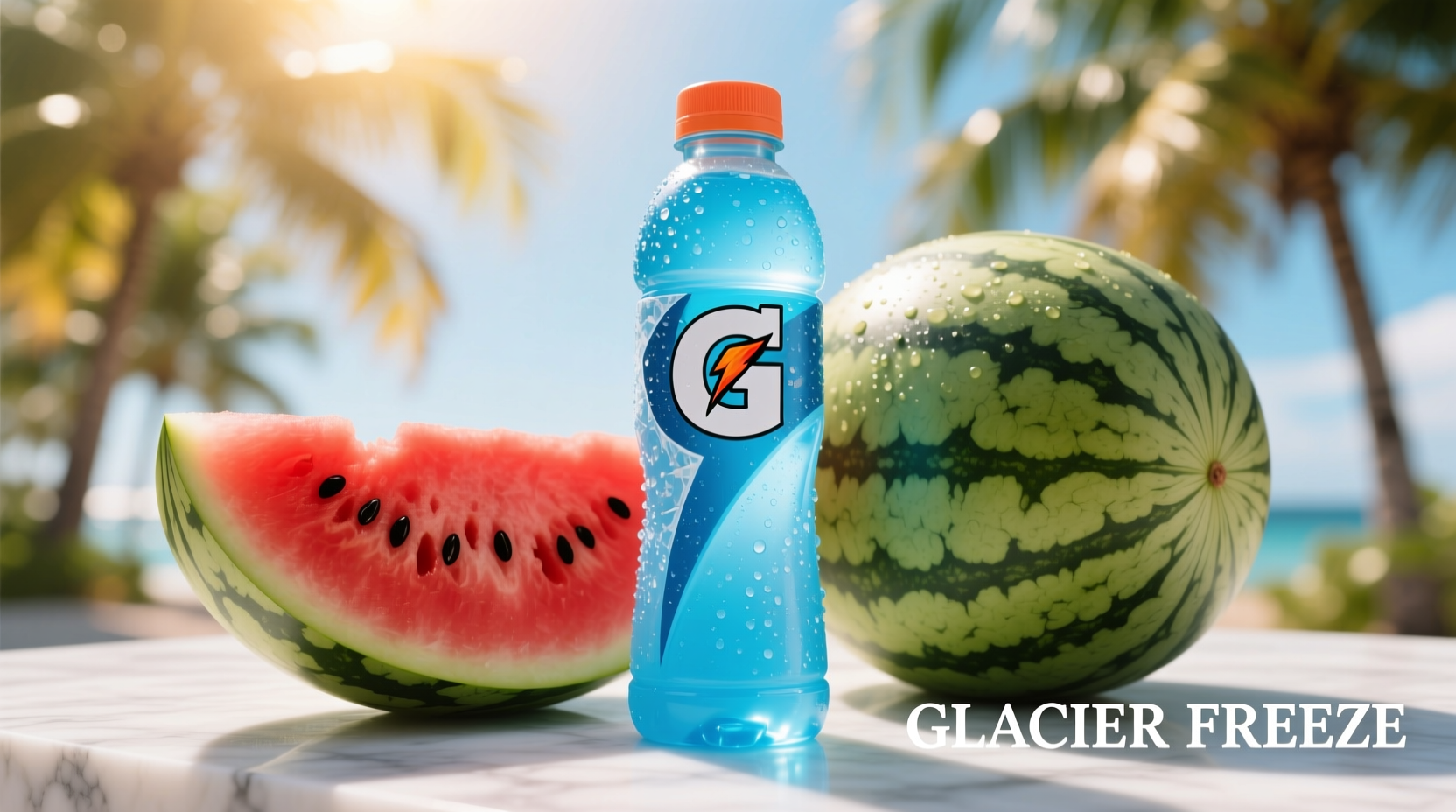 Gatorade Glacier Freeze bottle next to watermelon