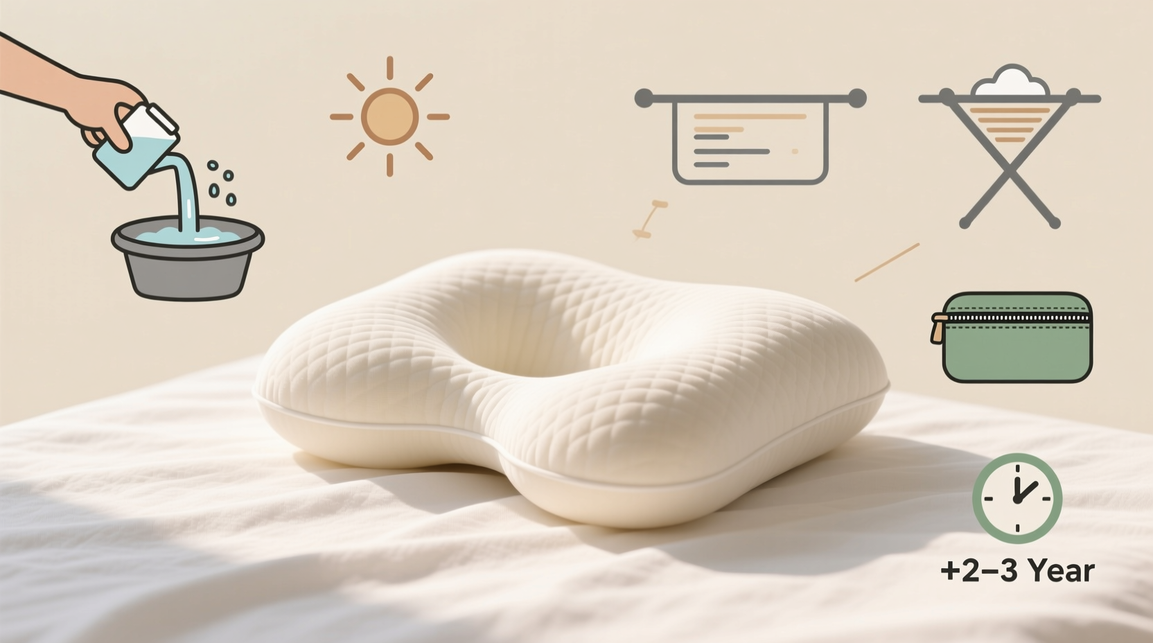 pillow drying on drying rack with fan, memory foam pillow drying flat with sunlight, checking pillow center for moisture after drying
