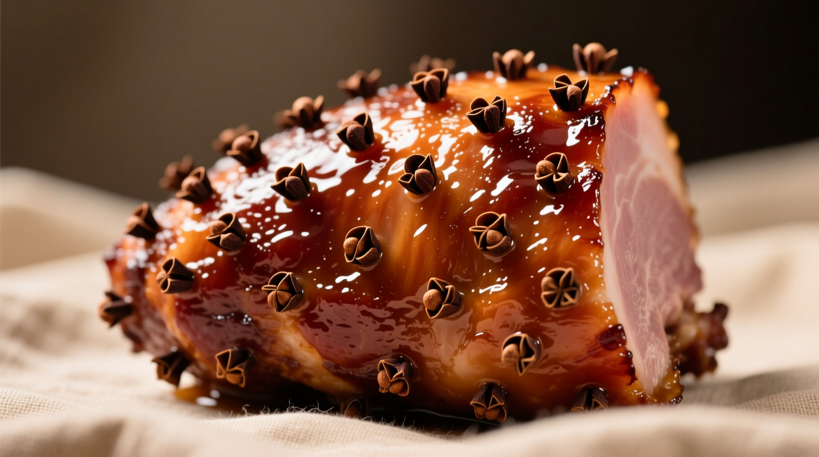 Whole cloves studded in glazed baked ham showing scoring technique